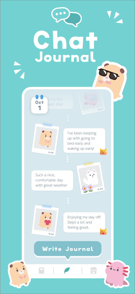 Chat Journal - Self care mind - Chat Journal app interface with positive daily entries and cute animal characters in a chat-like format.