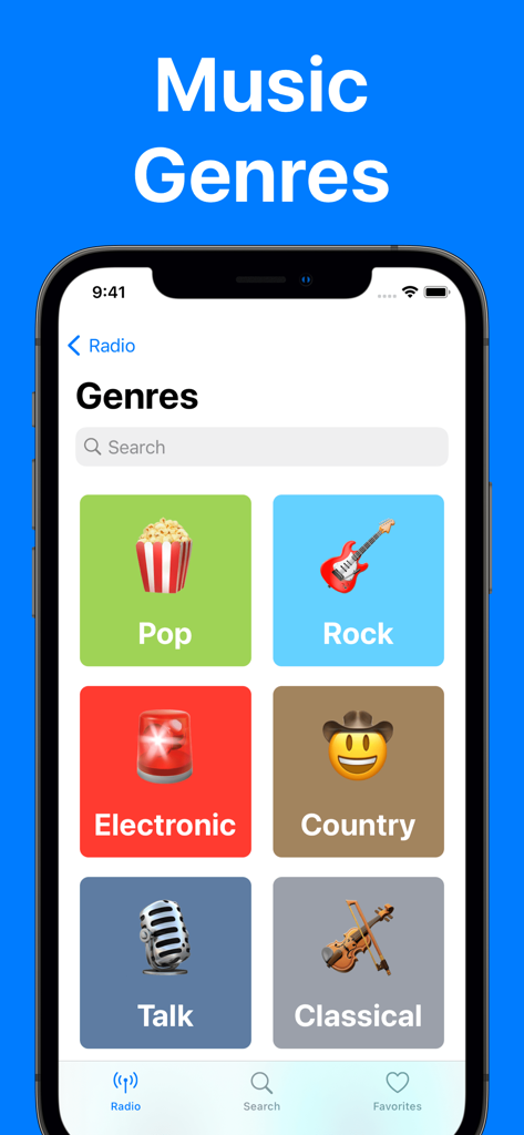 FM Radio App - FM Radio App genres screen showing categories for Pop, Rock, Electronic, Country, Talk, and Classical music.