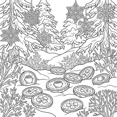 Immerse yourself in a festive winter scene where shimmering gold coins are scattered amidst snow-laden trees and delicate snowflakes. This charming coloring page brings together the magic of a frosty landscape with a hint of hidden treasure.
