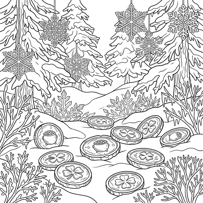 Immerse yourself in a festive winter scene where shimmering gold coins are scattered amidst snow-laden trees and delicate snowflakes. This charming coloring page brings together the magic of a frosty landscape with a hint of hidden treasure.