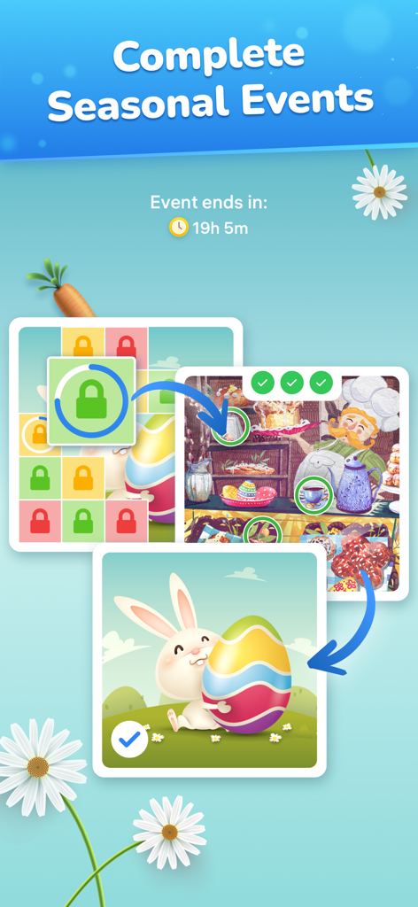 Differences - Find & Spot Them - Oberfläche für saisonale Events im Differences-Spiel, die osterthematische Rätsel und einen Countdown-Timer zeigt