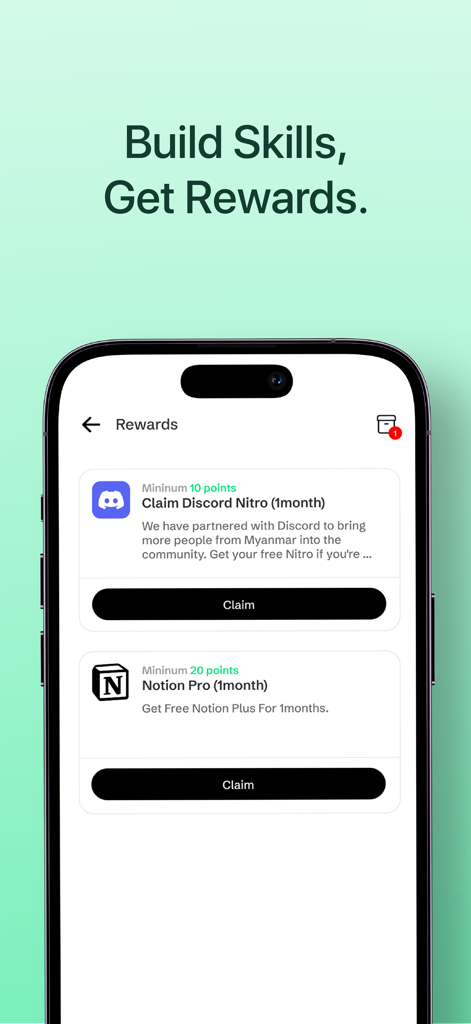TalentOS app rewards screen showing options to claim Discord Nitro and Notion Pro subscriptions using earned points.