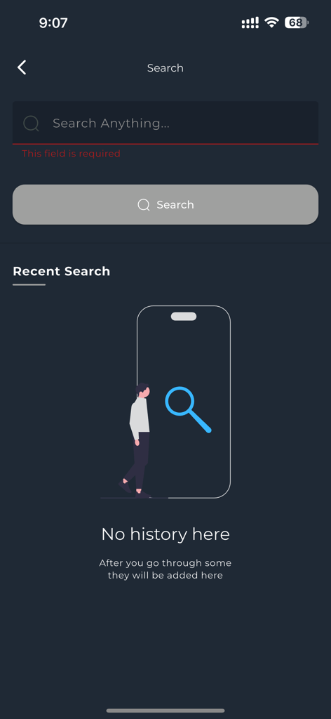 Hooligans.cz - Interfaz de búsqueda de la aplicación Hooligans.cz que muestra una barra de búsqueda y un historial de búsqueda reciente vacío.