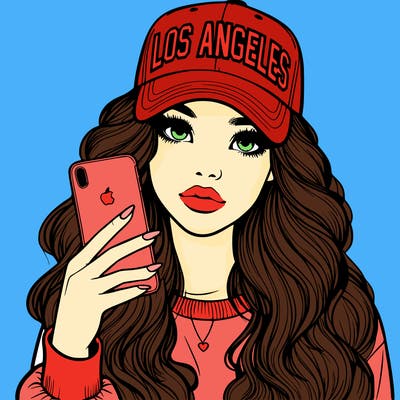 realistic beautiful girl wearing los ángeles cap holding an iphone