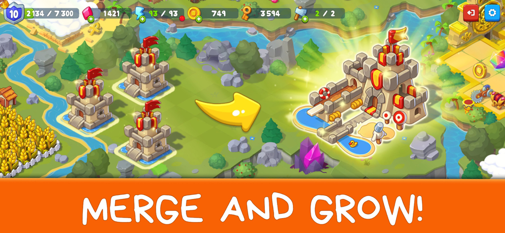 Castle Craft: Merge Quest - Tres pequeñas torres fusionándose en un gran castillo medieval en Castle Craft Merge Quest