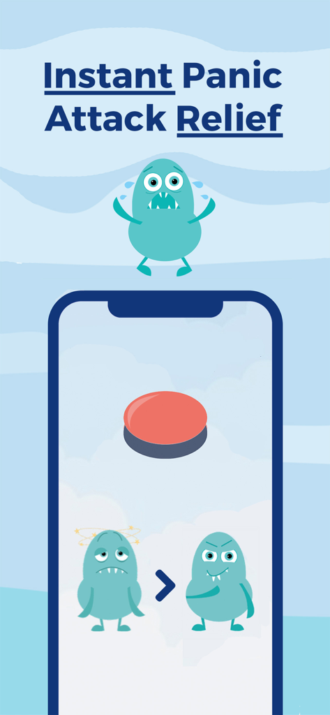 Rootd app interface featuring a red panic button for instant anxiety relief with cute monster characters