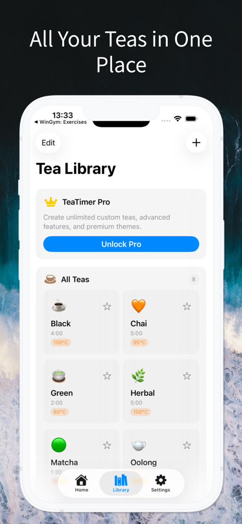 Steep: Tea Timer & Brew Guide - The Tea Library interface of the Steep app showing presets for different tea varieties
