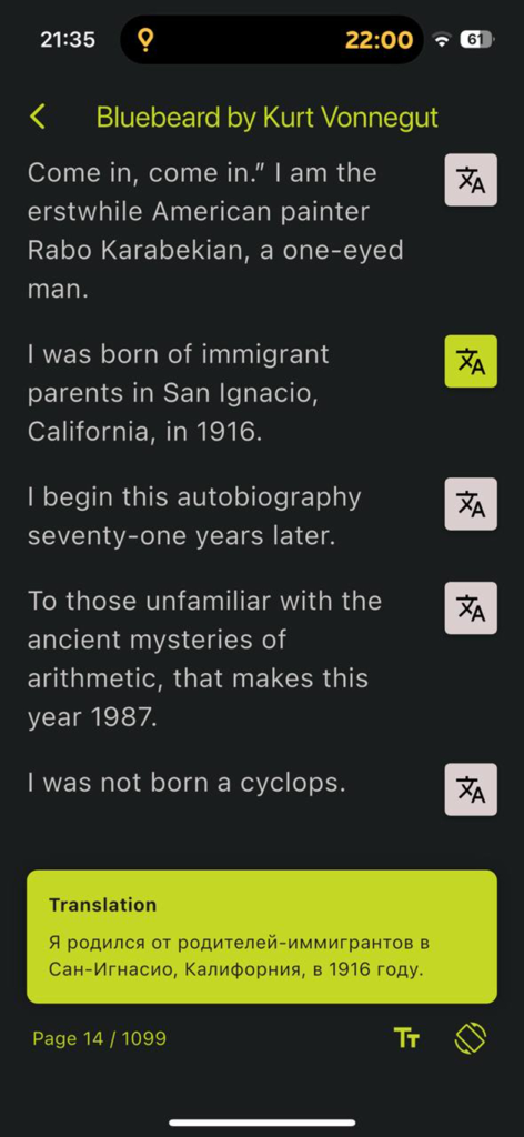 Beelibook: Read Learn Offline - Reading an English book with Russian paragraph translations in the Beelibook app