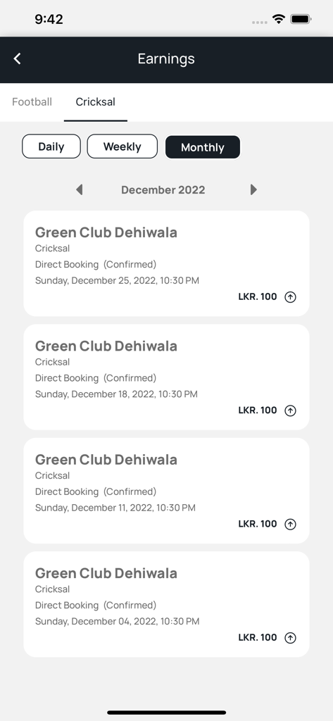 Earnings dashboard showing a list of confirmed sports venue bookings and revenue records for the month.