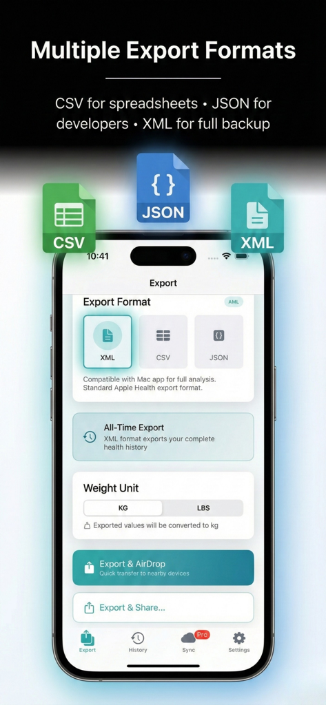 Bildschirm der Health Data Export App, die CSV-, JSON- und XML-Dateiformatoptionen anzeigt