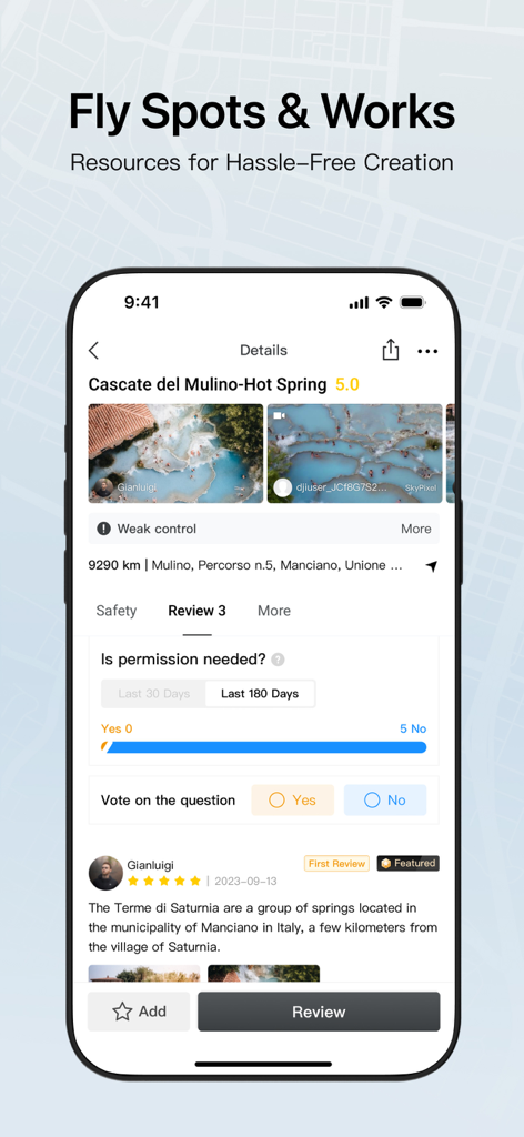DJI Fly app interface showing the Fly Spots feature with a review and photos of a hot spring location