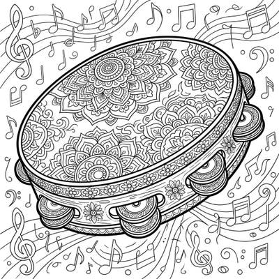 Discover the rhythmic beauty of this adult coloring page featuring an intricately designed tambourine. Adorned with mandalas and surrounded by musical notes, it offers a deeply engaging and relaxing artistic experience.