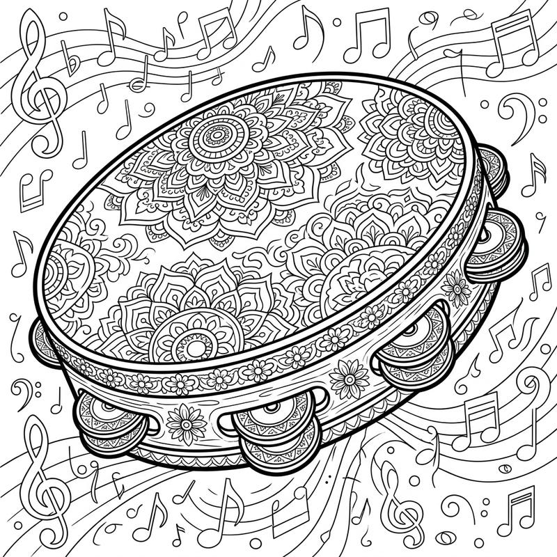Discover the rhythmic beauty of this adult coloring page featuring an intricately designed tambourine. Adorned with mandalas and surrounded by musical notes, it offers a deeply engaging and relaxing artistic experience.