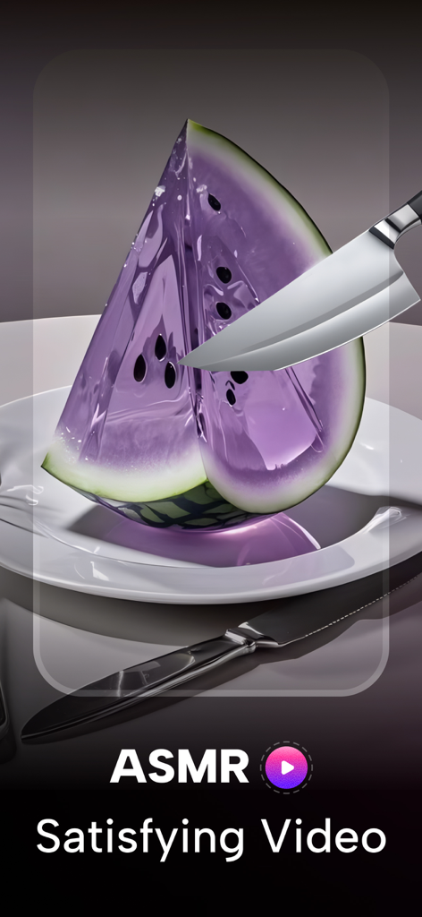 AI ASMR Video Generator: Relax - AI ASMR app interface showing a satisfying video of a purple jelly watermelon being sliced.