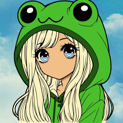 a pretty girl wearing a frog hoodie portrait with long hair