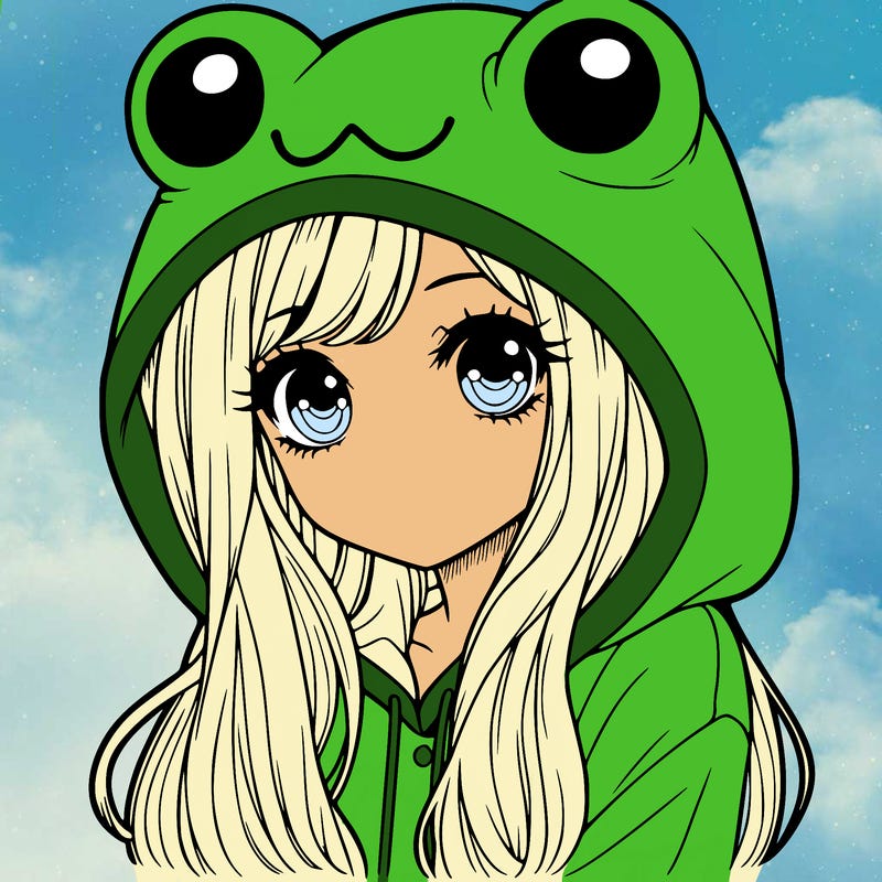 a pretty girl wearing a frog hoodie portrait with long hair