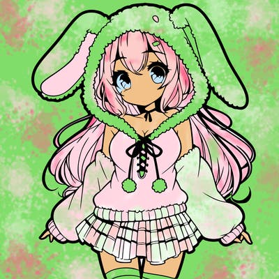 pretty anime girl wearing a fluffy hoodie with bunny ears on the hood and a skirt