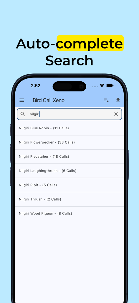 Bird Call Xeno - Bird Songs - Interfaz de la aplicación Canto de Aves Xeno demostrando la función de búsqueda con autocompletado y resultados para especies de aves de Nilgiri.
