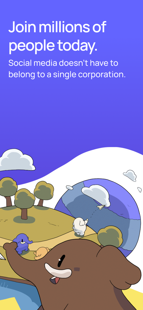 Mastodon-App-Begrüßungsbildschirm mit bunten Cartoon-Elefanten und Text darüber, dass soziale Medien nicht einem einzigen Unternehmen gehören.