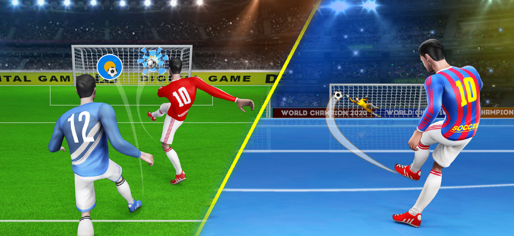 Jugabilidad mostrando deslizamiento de fútbol y tiros de fútbol sala a portería en diferentes entornos de estadio