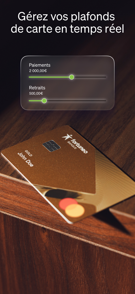 Interfaz de la aplicación Fortuneo para gestionar los límites de pago y retiro de la tarjeta de crédito en tiempo real