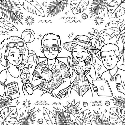 Dive into a world where innovation meets relaxation with this unique coloring page featuring engineers on a well-deserved summer vacation. Capture the joy of beach days and tropical treats as you bring these fun scenes to life with your favorite colors.