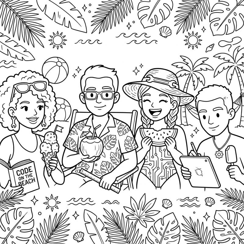 Dive into a world where innovation meets relaxation with this unique coloring page featuring engineers on a well-deserved summer vacation. Capture the joy of beach days and tropical treats as you bring these fun scenes to life with your favorite colors.