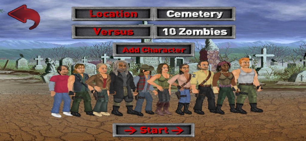 Extra Lives - Game setup screen showing several survivors in a cemetery setting