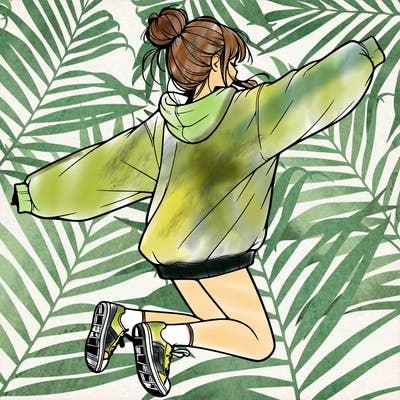 realistic girl jumping with a bun and oversized sweatshirt