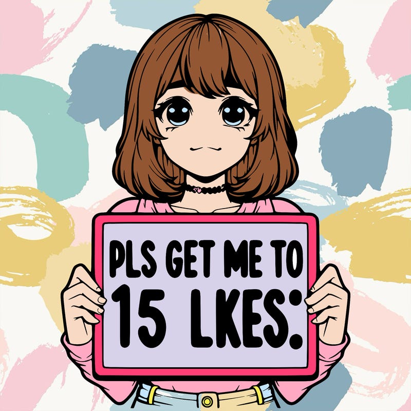 realistic girl holding up a sign that says “pls get me to 15 likes!”