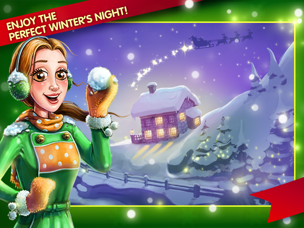Emily from the Delicious game series holding a snowball in a festive winter wonderland with a cozy cottage and Santa's sleigh in the sky.