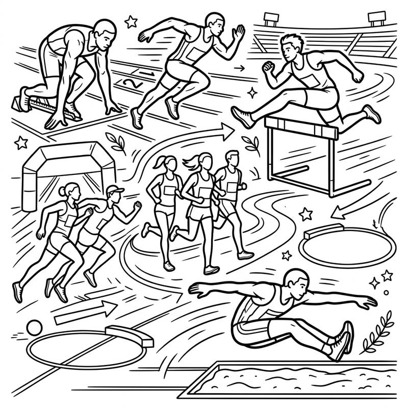 Dive into the exciting world of track and field with this dynamic coloring page, showcasing athletes in various iconic events. It's the perfect way to celebrate sportsmanship and the thrill of competition through art.