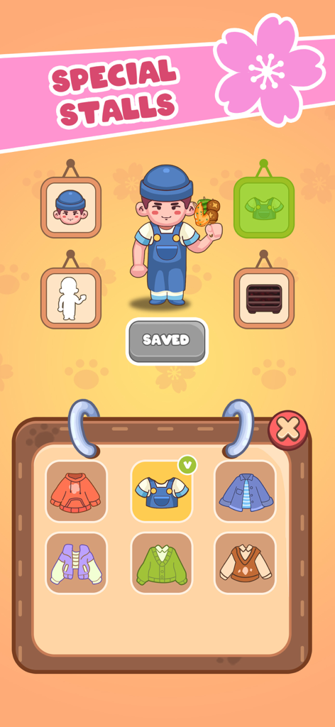Character customization screen in BBQ Sort showing various clothing options for the avatar