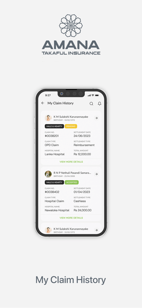 Amana Takaful Insurance App - アマナ・タカフル保険アプリのモバイルスクリーンショット。ステータスと決済詳細を含む医療請求履歴のリストが表示されています。