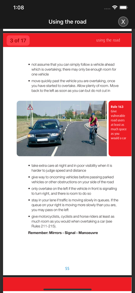 UK Highway Code digital page showing overtaking rules and a car passing a cyclist