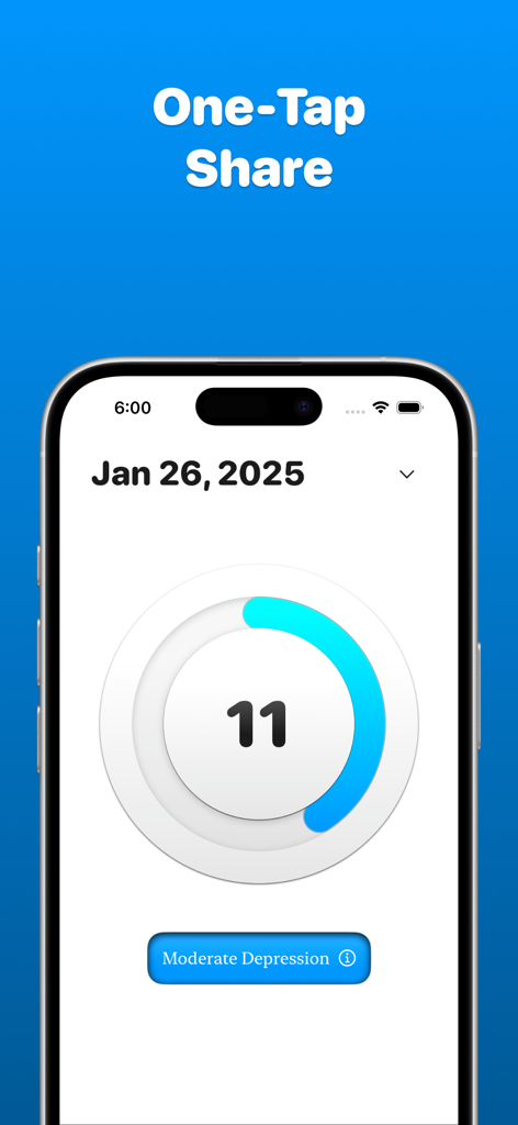 Depre: Depression Tracker - Depre app interface showing a moderate depression score result and the one-tap share feature