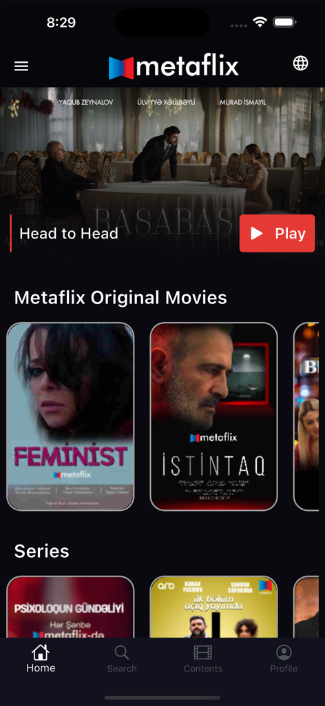 Metaflix - Écran d'accueil de l'application Metaflix affichant des films et séries originaux azerbaïdjanais
