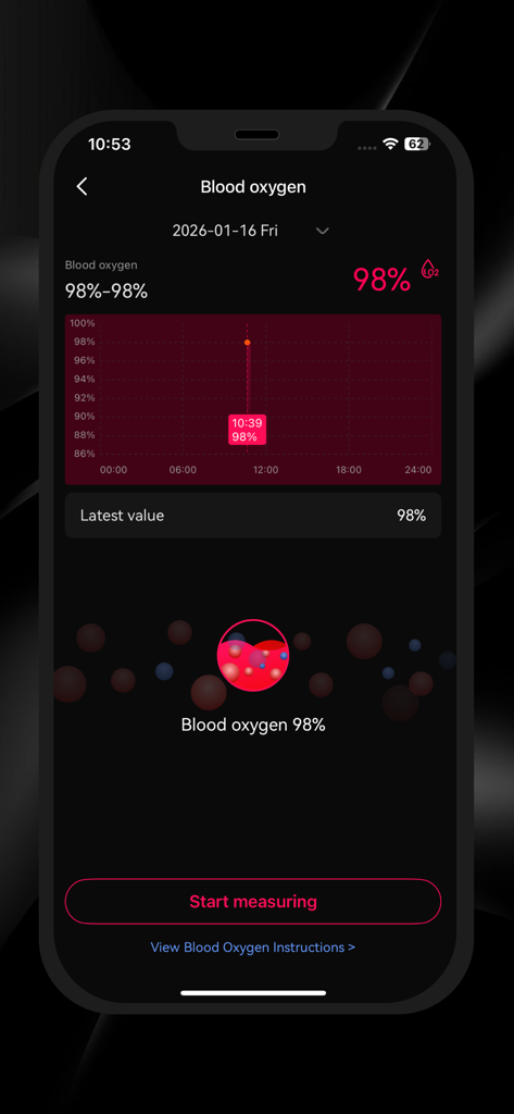 Interface de l'application Holosport montrant les données de surveillance de l'oxygène dans le sang et la progression de la mesure.