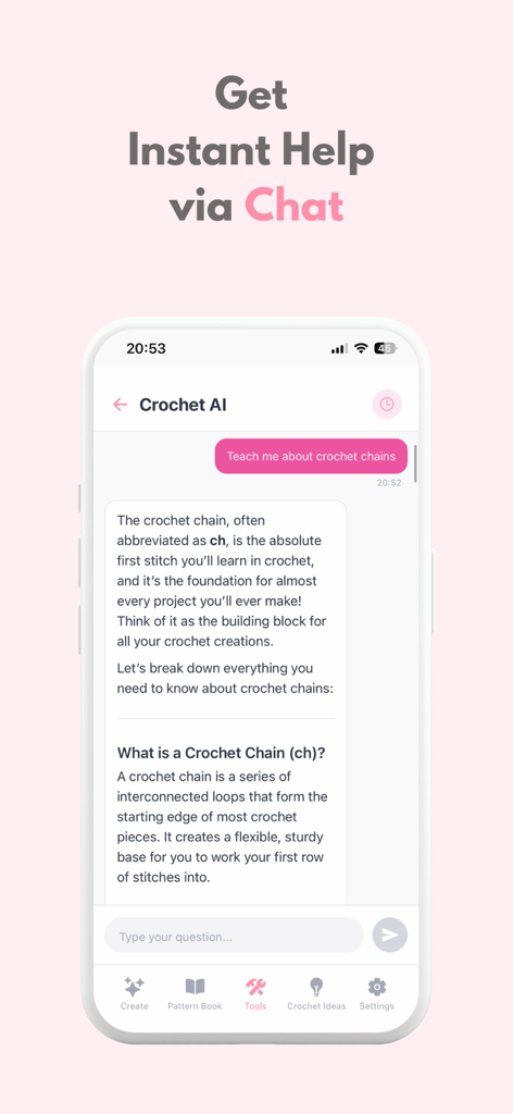 Crochet AI: Crochet Patterns - AI powered chat tutor in the Crochet AI app providing instant help on crochet techniques