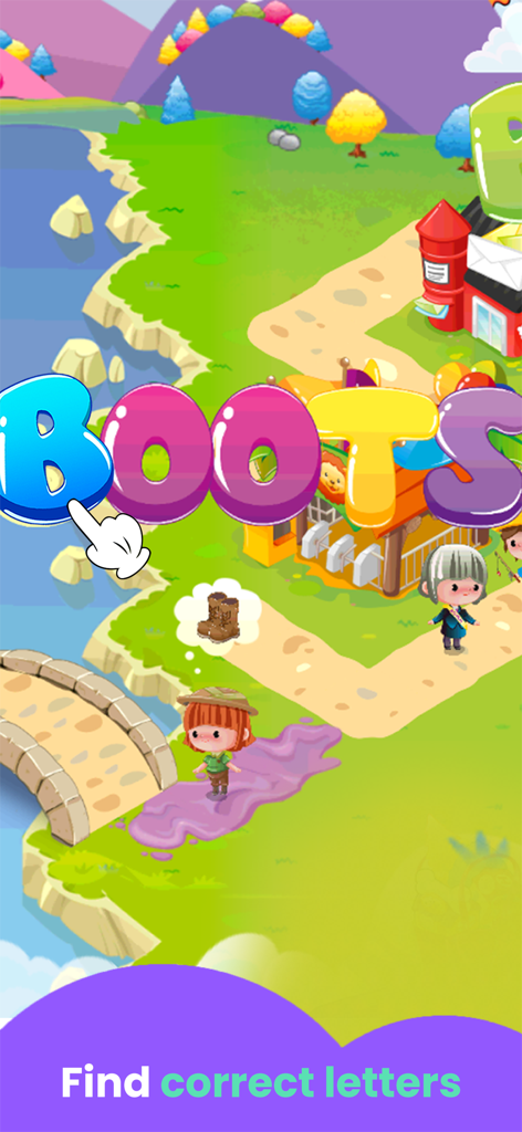 Spelling City Games for Kids - Eine Lernspieloberfläche, die das Wort Stiefel mit bunten Buchstaben in einer Cartoon-Landschaft für Kinder zeigt, die Rechtschreibung lernen