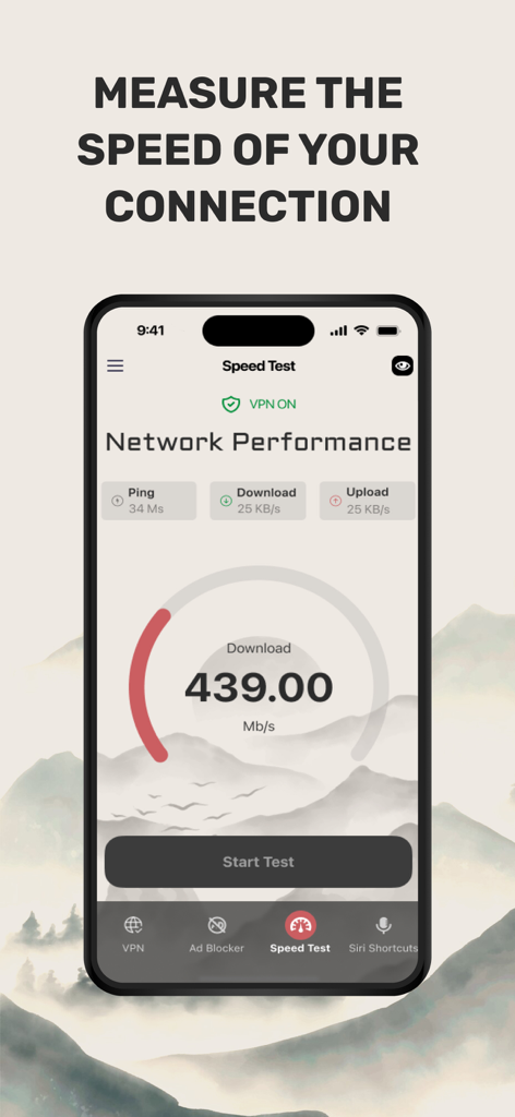 See VPN — for LV - Interfaz de la aplicación See VPN que muestra una prueba de velocidad de conexión con alto contraste para usuarios con baja visión