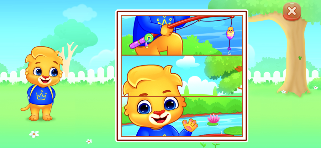 Puzzle Games For Kids 3+ Years - A horizontal sliding puzzle game for kids featuring a cartoon lion cub character