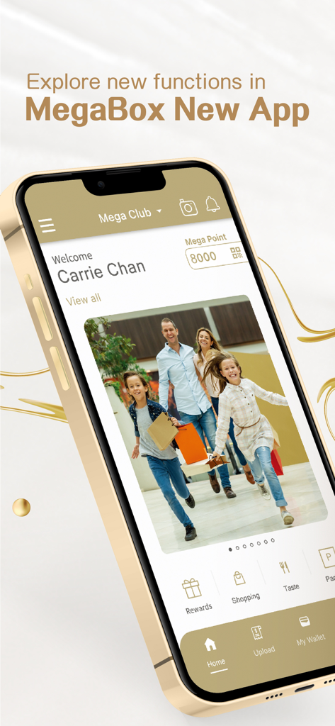MegaBox - Smartphone affichant l'écran d'accueil de l'application MegaBox avec les récompenses pour les membres et les points de fidélité