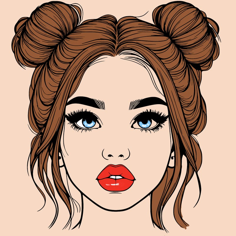 realistic girl with two buns on her hair and lips