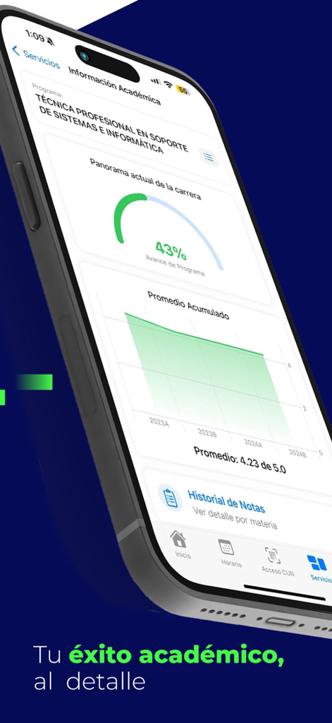 Cun 360 - Interfaz de la aplicación Cun 360 que muestra el progreso académico del estudiante y el panel del promedio general acumulado.