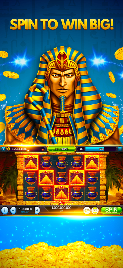 Max Win Casino Slots Game - Max Win Casino Slots game interface featuring an Egyptian Pharaoh theme and golden coins
