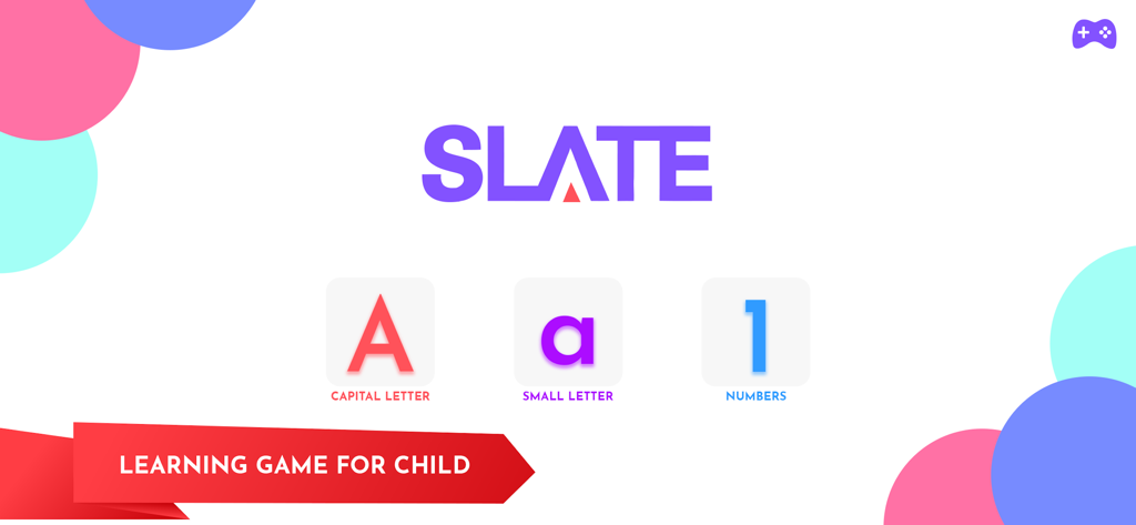 Slate Tracing Alphabets Number - Menú principal de la aplicación Slate que muestra opciones de aprendizaje para mayúsculas, minúsculas y números