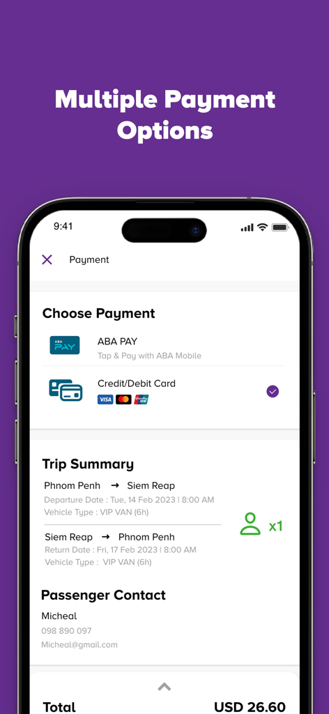 VET Air Bus by Vireak Buntham - VET Air Bus App Zahlungsbildschirm zeigt mehrere Zahlungsoptionen und eine Reiseübersicht für Reisen in Kambodscha