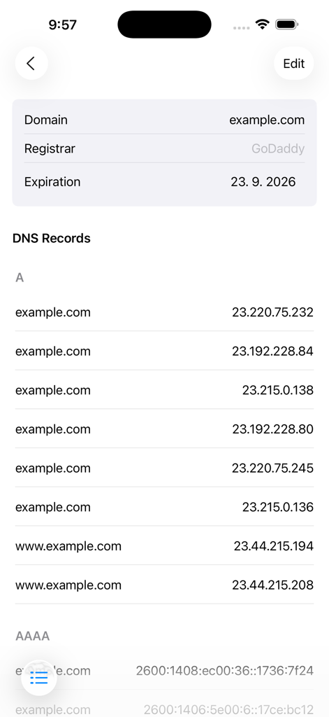 Domian - Domain Management - Screenshot of Domian app showing domain registration info and a list of DNS records including A and AAAA types
