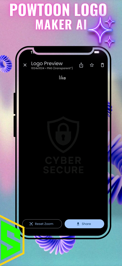 Powtoon AI : Generator Logo - Una pantalla de teléfono móvil mostrando una vista previa de un logo de ciberseguridad con un ícono de escudo y candado generado por Powtoon AI